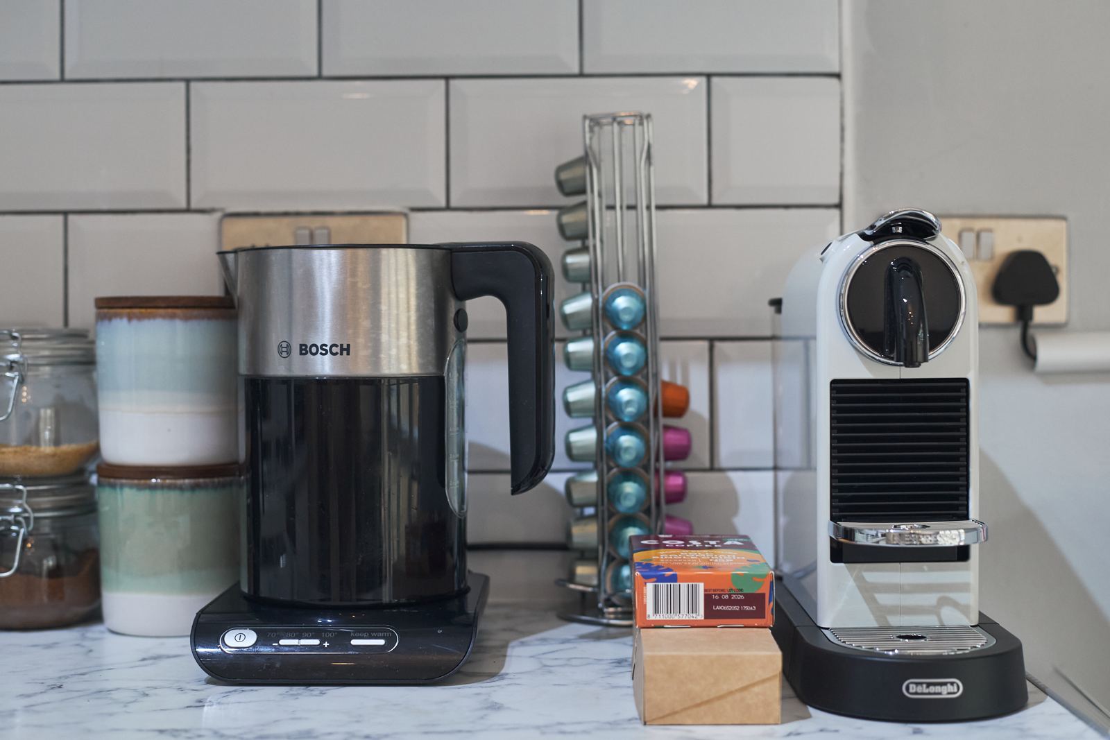 Coffee station with kettle and Nespresso machine