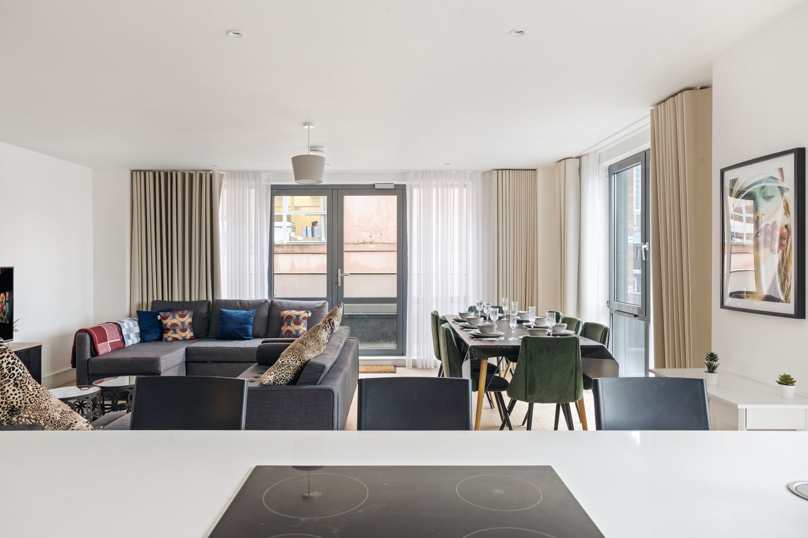 Living and dining area seen from the kitchen island