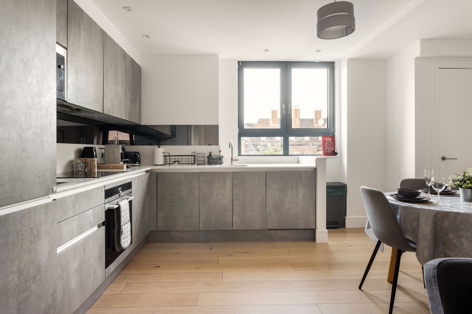 Kitchen with window and dining area